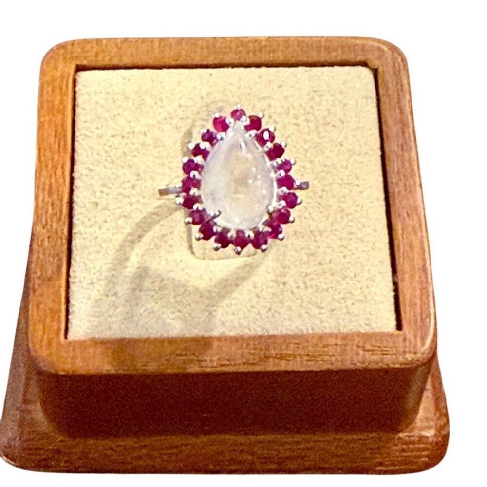 Celestial Halo: Pear-Cut Rainbow Moonstone and Ruby Cluster Ring Size 6 New